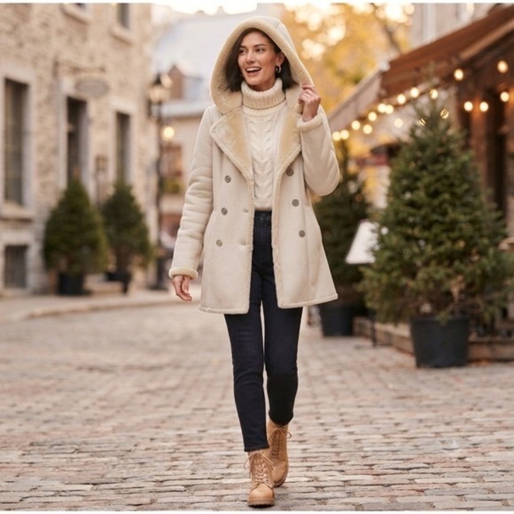 MaxMara Faux Shearling Lined Coat Double Breasted Hooded Plush Cream Small